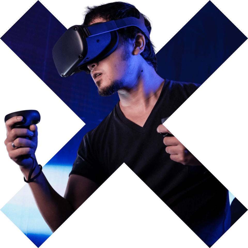 Metaverse experience: Man using VR headset within an 'X' shape