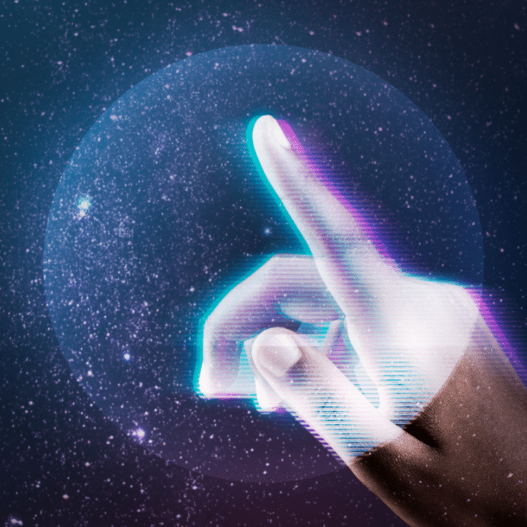Finger pointing up into the starry sky